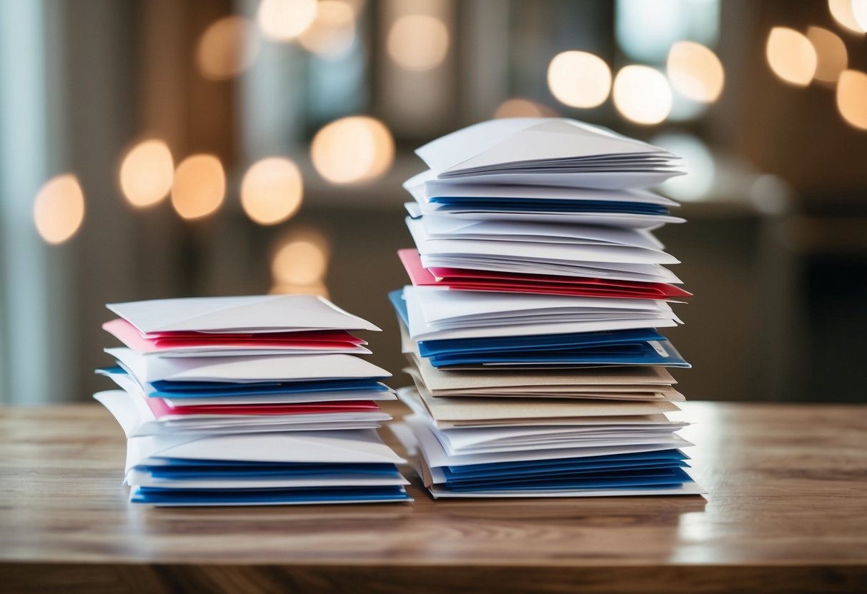 A stack of letters and packages arranged on a wooden table