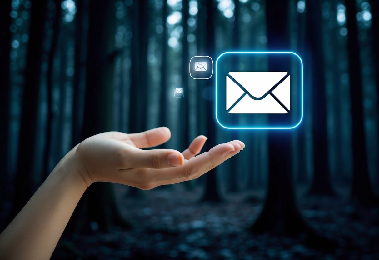 A hand reaching out to a glowing email icon on a digital screen amidst a dark and mysterious forest